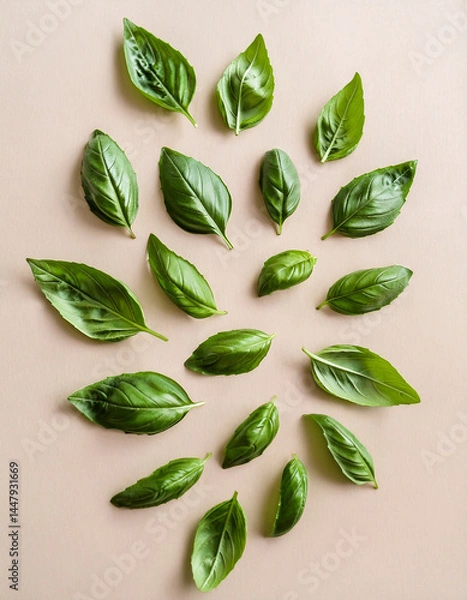 Fototapeta Multiple holy basil leaves scattered on a light beige background, clean flat lay style, high-resolution for herbal and natural design use.