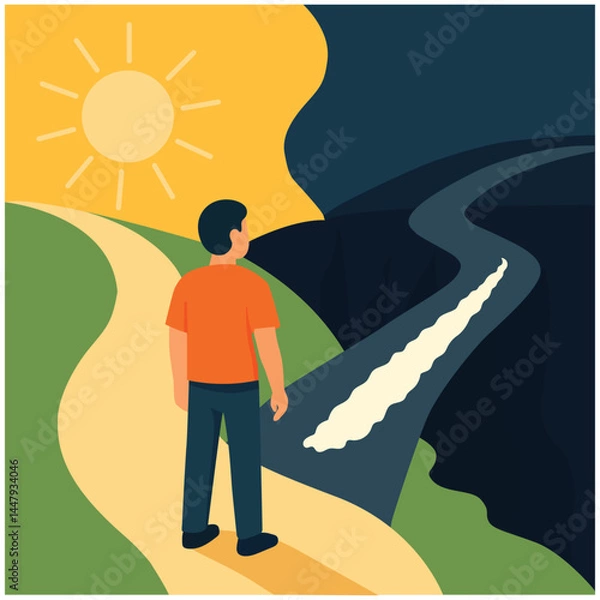 Fototapeta International Day against the Spread of Drugs. Vector illustration of a young man standing in front of a fork of two roads, one leading to the abyss the other to the blossoming nature.