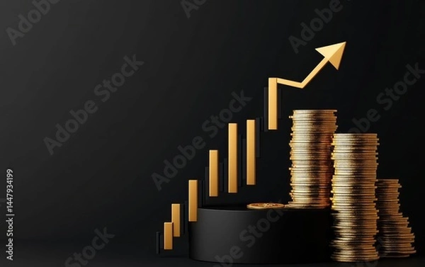 Fototapeta Golden Coins Stack With Upward Arrow Indicating Financial Growth in a 3D Render Against a Dark Background Symbolizing Business Success and Economic Prosperity