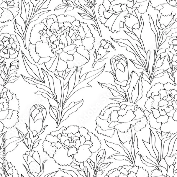 Fototapeta carnation line art. Seamless pattern for fashion design, fabric, wallpaper and all kinds of prints on light background.