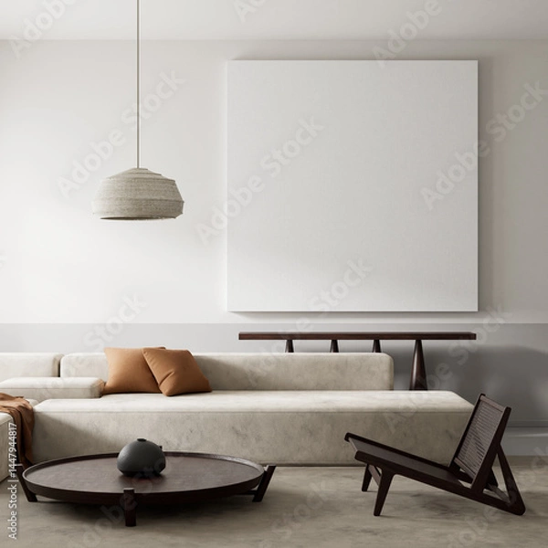 Obraz Mock up poster frame in Japandi and Scandinavian-inspired living room. 3D illustration