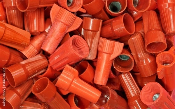 Fototapeta Electrical red wire connectors wing nuts plastic computer components.	