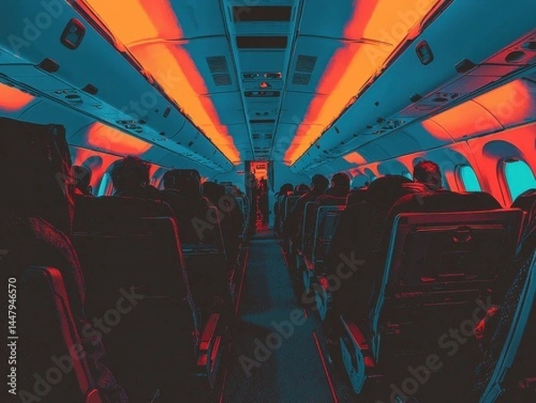 Fototapeta Vibrant interior of an airplane showcasing rows of seats and cabin lighting.