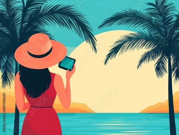 Fototapeta A woman enjoying a sunset view at the beach with palm trees and ocean.