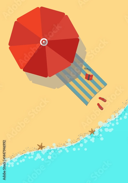 Fototapeta Summer vacation poster on the seaside. A place for solitude, reflection and relaxation. Minimalistic illustration for additional text in bright colors.