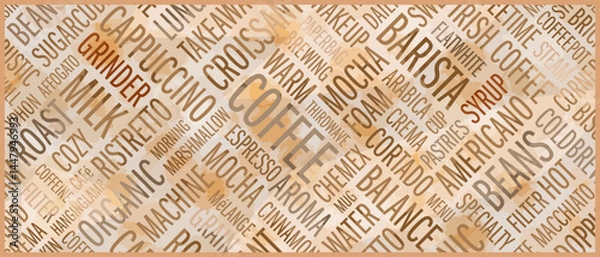 Fototapeta Wide horizontal coffee poster in the form of a font composition. Work in shades of brown. For placement in bars, restaurants, shops.