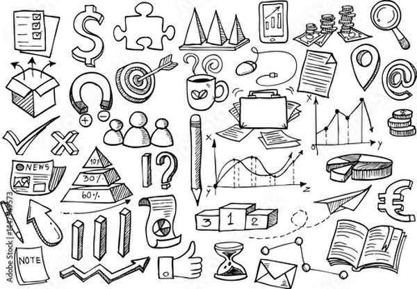 Obraz Hand-drawn business doodle set. Vector illustration of business elements in doodle style.