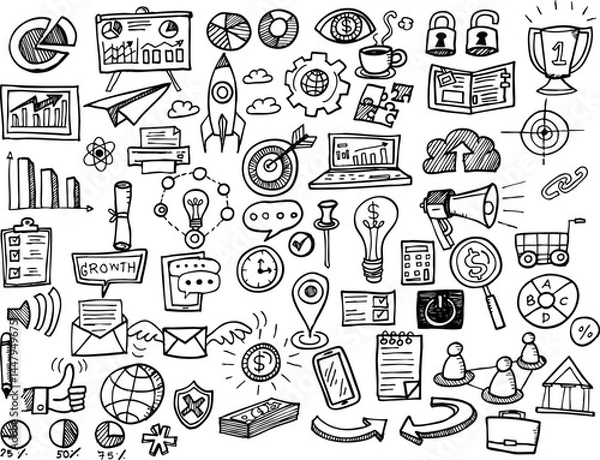Obraz Hand-drawn business doodles. Vector set of business concept icons isolated on white background.