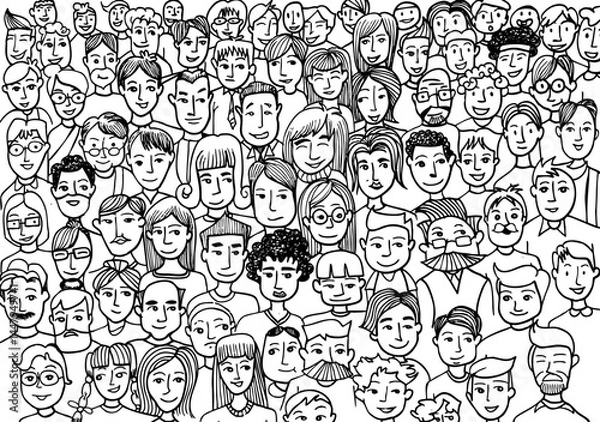 Obraz 
Faces of people -seamless pattern of hand-drawn faces of various ethnicities.Doodle illustration