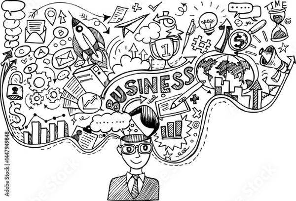 Obraz 
Hand-drawn business background with doodles. Vector illustration of business-themed sketch elements.