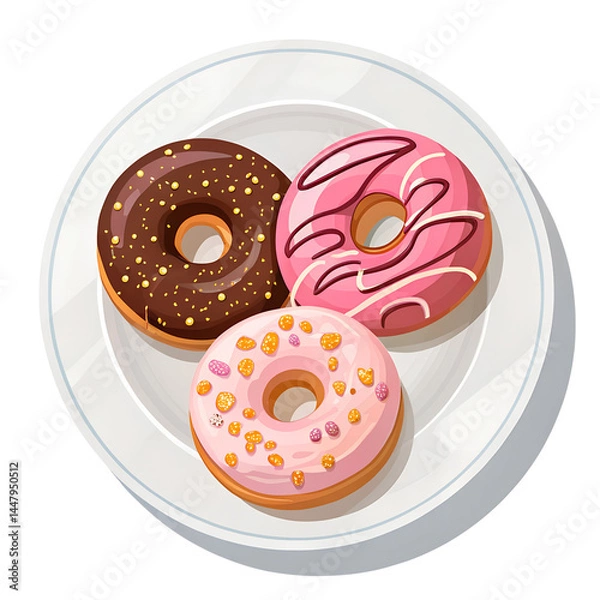 Obraz Assorted Colorful Donuts on White Plate – Top View Vector Illustration