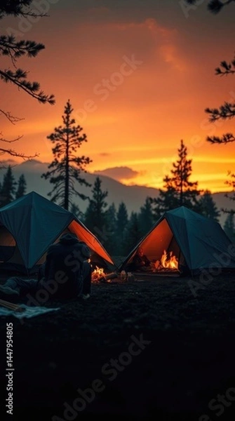 Fototapeta Campfire Sunset: Two Tents Glowing Warmth in Rustic Wilderness