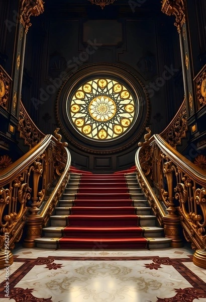 Fototapeta Majestic Victorian Staircase with Stained Glass and Intricate Railings