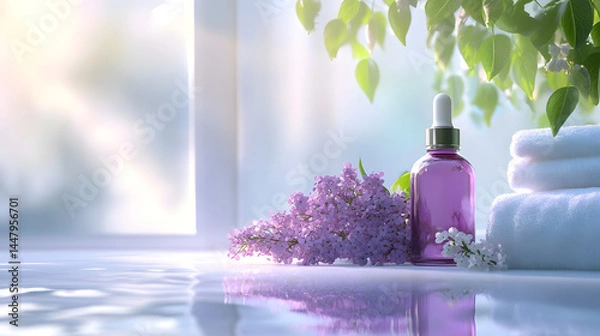 Fototapeta A purple dropper bottle stands on a reflective surface next to sprigs of lilac and white flowers, with folded white towels and blurred greenery in the background.