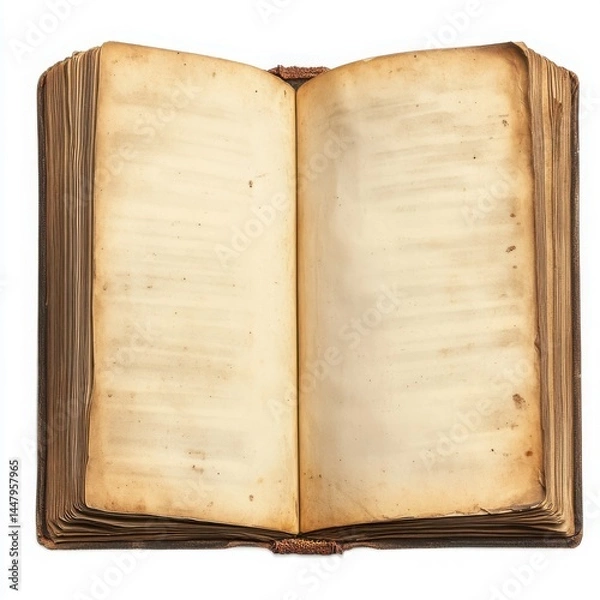 Fototapeta Open antique book with aged pages displayed on a flat surface isolated on white background