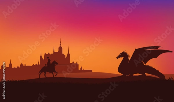 Obraz hero knight riding horse and fighting mythical dragon by fairy tale medieval castle at sunset - fantasy legend vector silhouette scene