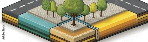Fototapeta Diagram showing green infrastructure components for sustainable urban development Illustrates ecological urbanism concepts - adaptation stormwater ecosystem retention green