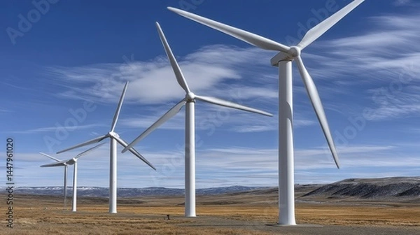 Fototapeta Wind turbines spinning in a vast field under a blue sky - nature farmland power ecology turbines