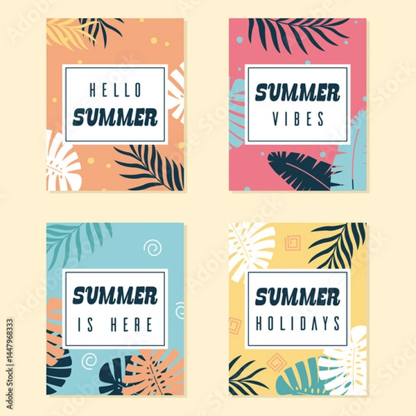 Fototapeta Summer tropical leaves elements decoration in abstract background for seasonal flyers and tags template. Summer tropical poster collection.