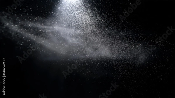 Fototapeta Million of Star Dust, Photo image of falling down shower rain snow, heavy snows storm flying. Freeze shot on black background isolated overlay. Golden light Spray water fog smoke as star particle.
