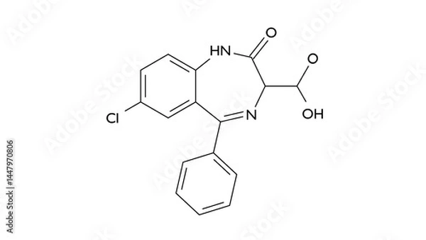 Fototapeta clorazepate molecule, structural chemical formula, ball-and-stick model, isolated image benzodiazepine derivative