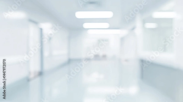 Fototapeta Bright, empty defocused hospital corridor background with copy space.