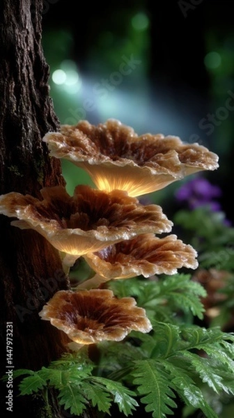 Fototapeta Unique glowing mushrooms grow on a tree trunk in a forest during twilight hours
