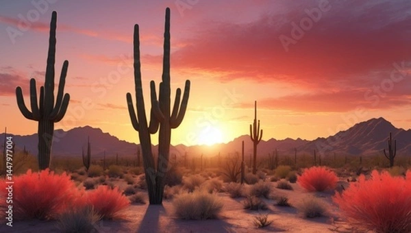 Obraz Tall cacti silhouette against a sunset sky perfect for reflection, solitude, and appreciating desert beauty.