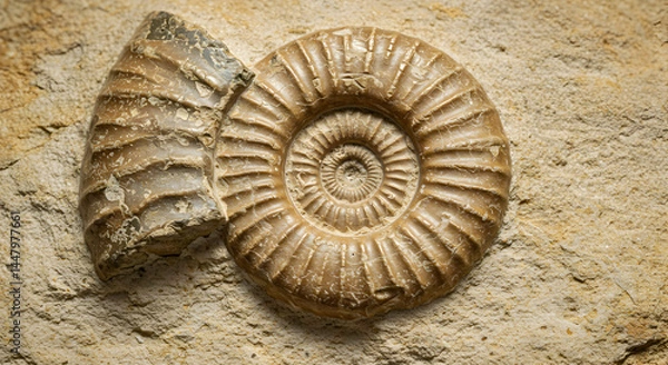 Fototapeta Fossilized Ammonite Shells Displayed on Sandy Surface Under Soft Lighting in Beige Tones