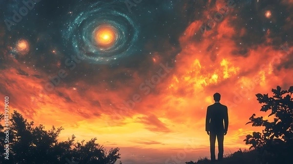 Fototapeta Surreal sunrise where the sky is painted in swirling galaxies and glowing nebulae.