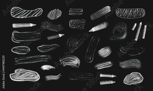 Fototapeta Chalk doodle set. Pencil scribble texture collection, white vector set
