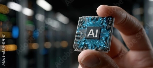 Fototapeta Illuminating innovation human hand showcases glowing ai microchip