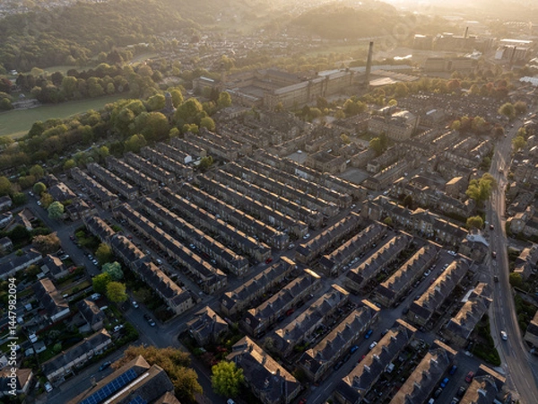 Fototapeta Aerial View of Victorian Saltaire Village and Surroundings at Sunrise