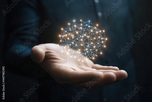 Fototapeta A person holding a glowing network of interconnected nodes in their palm, symbolizing technology