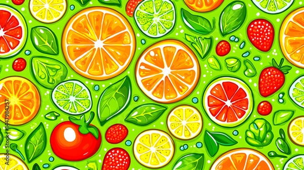 Fototapeta Colorful citrus fruit and berry slices pattern background for healthy food design