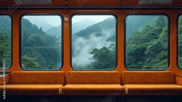 Obraz Mountain views from a train carriage with orange seating and fog in the background