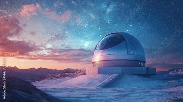 Fototapeta Observatory dome on a snowy mountain landscape under a twilight sky filled with stars and colorful clouds
