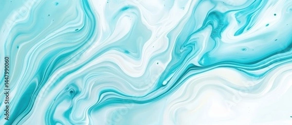 Fototapeta Abstract fluid art with swirling turquoise and white paint creating a mesmerizing marble effect background capturing movement and depth in a contemporary style