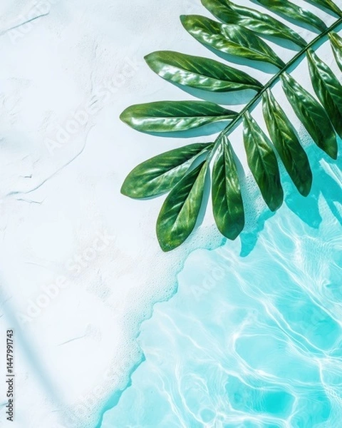 Fototapeta Tropical leaf and water ripple on white background capturing serene summer vibe with bright light and shadow creating a refreshing and inviting atmosphere for relaxation