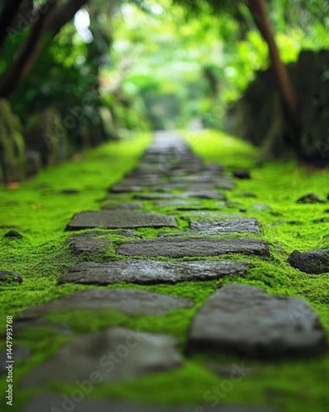 Fototapeta Serene pathway through lush greenery moss covered stone steps leading into a tranquil forest creating a peaceful and inviting atmosphere for nature lovers