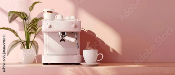 Obraz Pink coffee machine brewing espresso into a cup, set against a soft pink backdrop. Minimal cozy kitchen mockup.