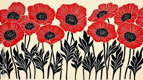 Fototapeta Floral and botanical illustrations featuring watercolor and ink linocut techniques in a painted style