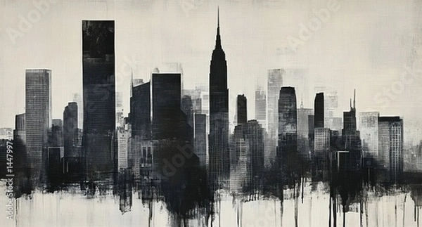 Fototapeta Ink Black Cityscape Abstract Watercolor on Vintage Textured Paper - Street Graffiti Art Background with Brush Strokes