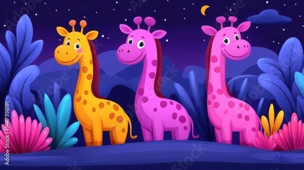 Fototapeta Colorful Cartoon Giraffes Under Starry Sky in Playful Setting