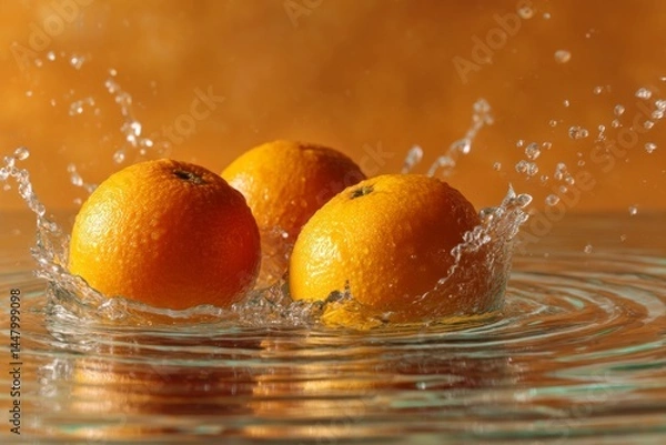 Fototapeta Vibrant oranges are submerged in water, captured in a dynamic moment of splash and freshness.