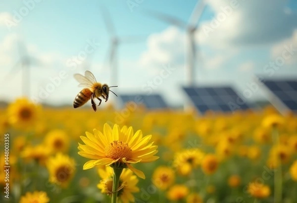 Fototapeta bee flying over a sunflower field, solar panels in background and eolic energy, concept