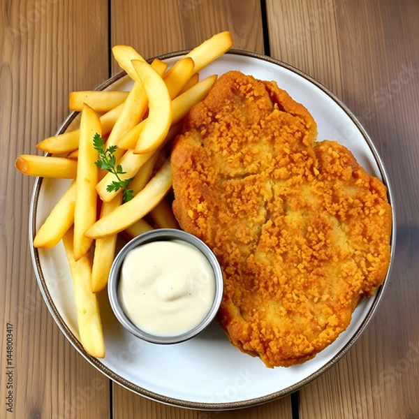 Fototapeta Golden-brown breaded wiener schnitzel served with crispy potato fries and a side of rich, creamy sauce on a rustic wooden background.