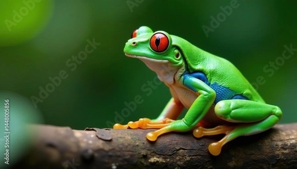 Fototapeta Green tree frog perched on white, vibrant colors, fauna, isolated, clear