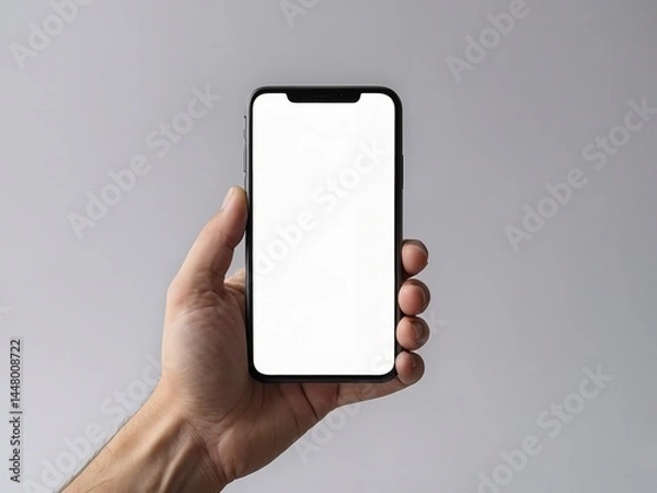 Fototapeta  Realistic smartphone screen mockup held in a human hand, vertical orientation, clean background, focus on screen design.