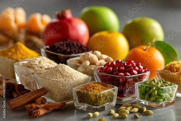 Fototapeta Vibrant Assortment of Spices and Fruits on a Kitchen Countertop
